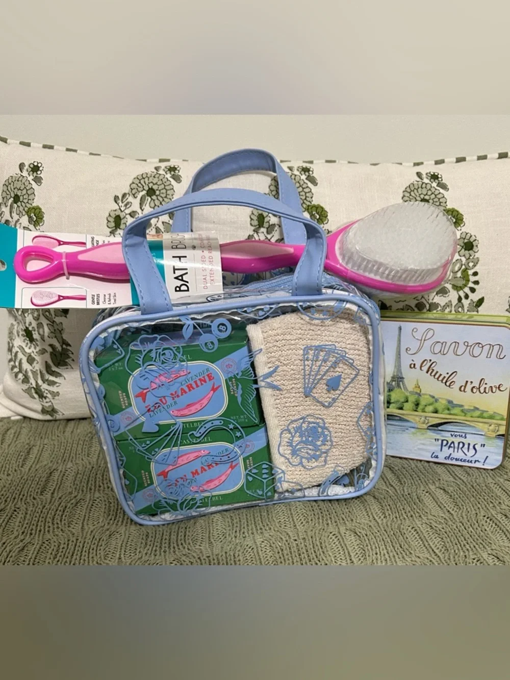 Wellness Bath Bundle: Blue/Clear Vinyl Toiletry Bag, Imported Soaps & Bath Brush